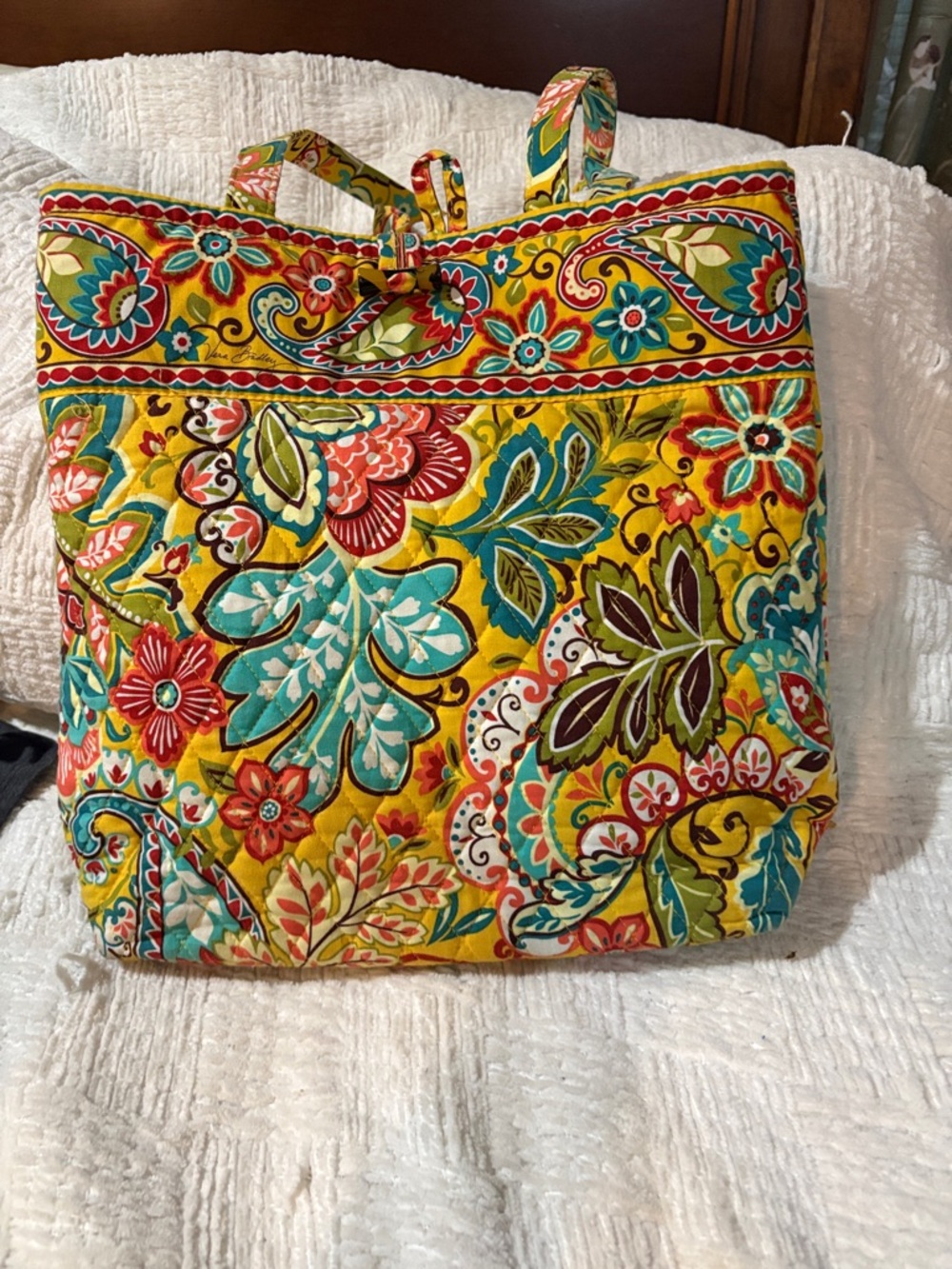 Vera Bradley Yellow Quilted Floral Tote with Turquoise & Red Accents